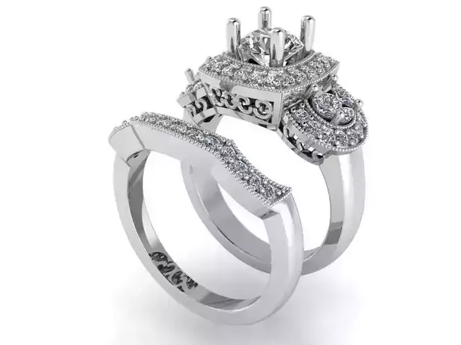 3-Stone Halo Ring With Matched Band 1082