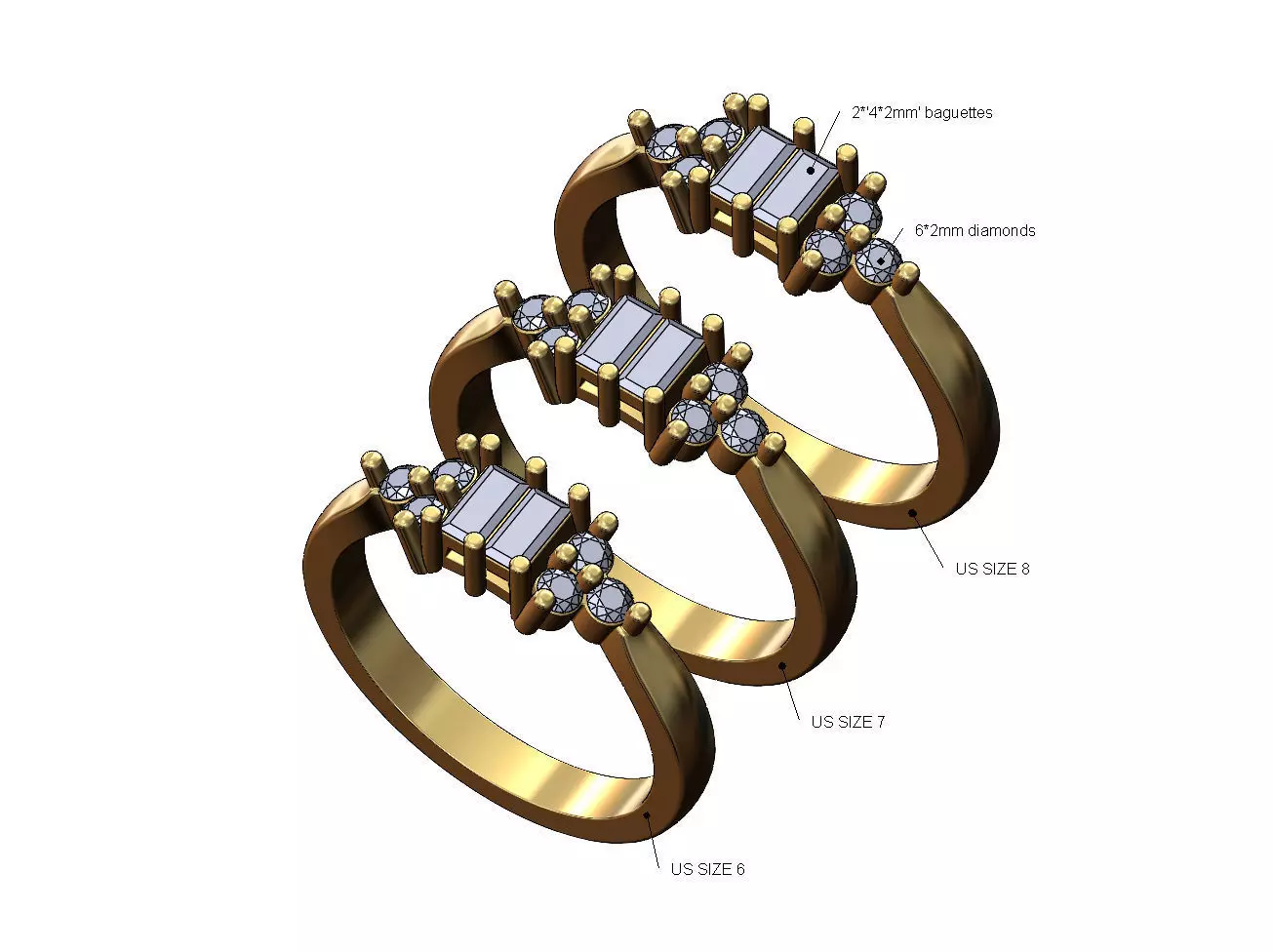 Diamond Baguettes cluster ring US sizes 6 7 8 3D print model