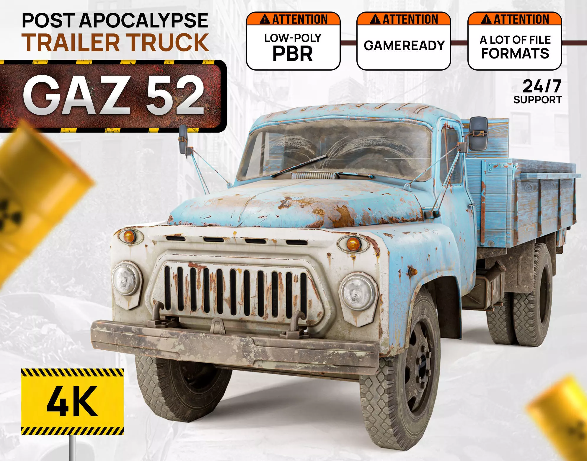 Post apocalypse trailer truck gaz 52 iv7 Low-poly 3D model