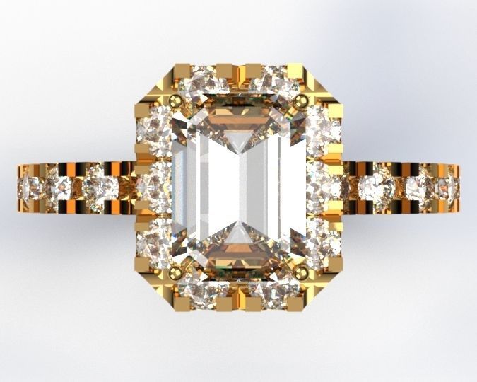 Engagement ring with 1ct emerald cut and 28x 2mm brilliant cut  3D print model_1