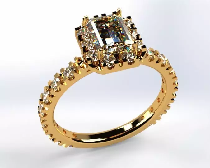 Engagement ring with 1ct emerald cut and 28x 2mm brilliant cut  3D print model_0