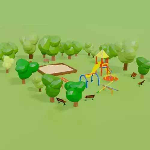 Low Poly Park playground with trees and benches