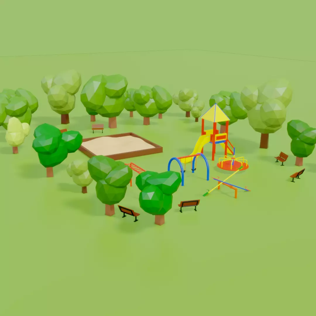 Low Poly Park playground with trees and benches 3D model_0