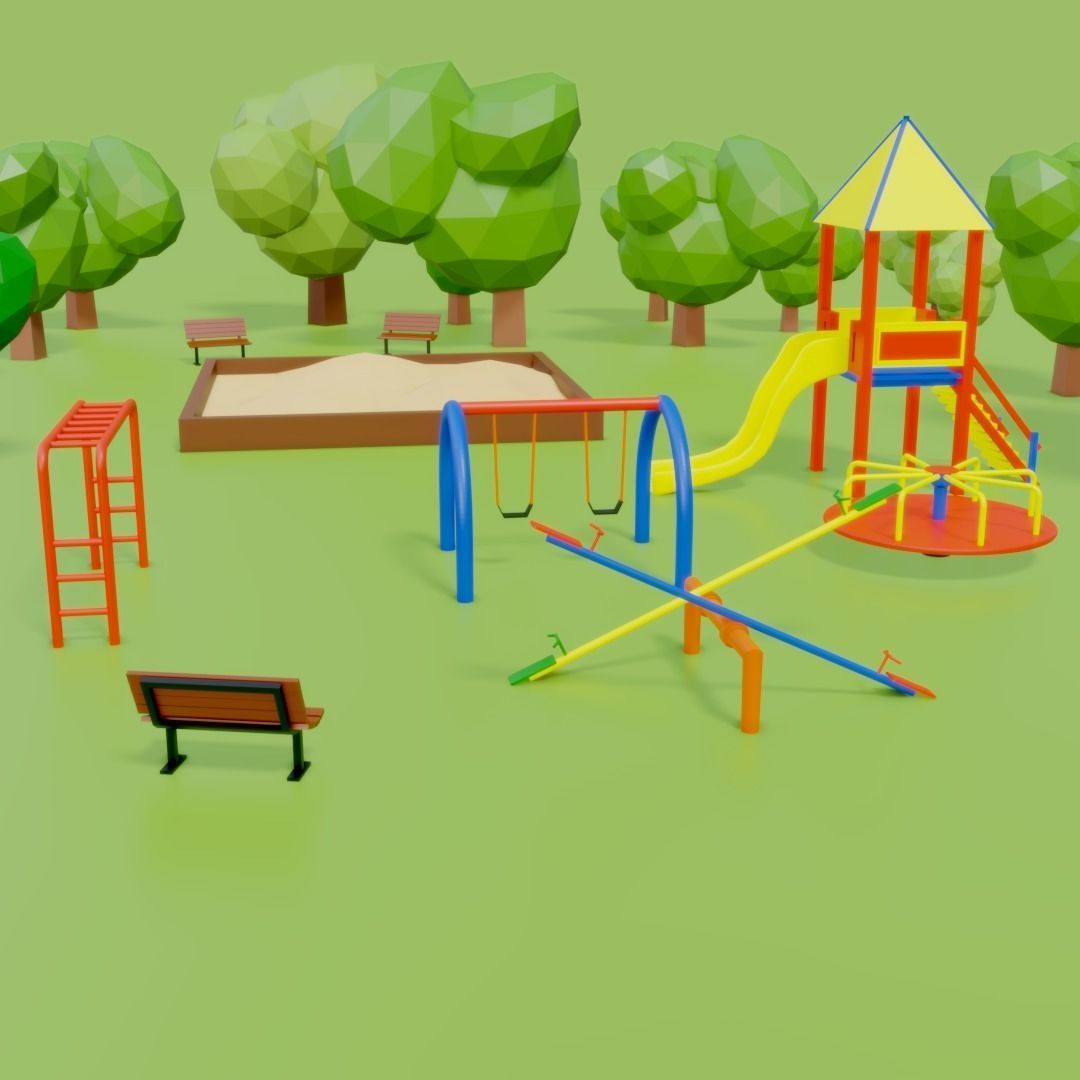 Low Poly Park playground with trees and benches 3D model_1