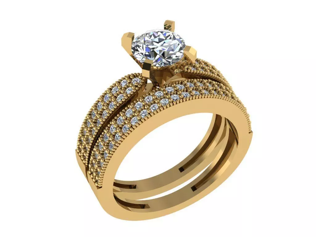 Ring340 gold diamond engagement ring set 3D print model_0