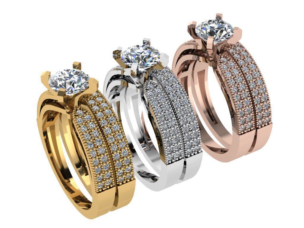 Ring340 gold diamond engagement ring set 3D print model_4