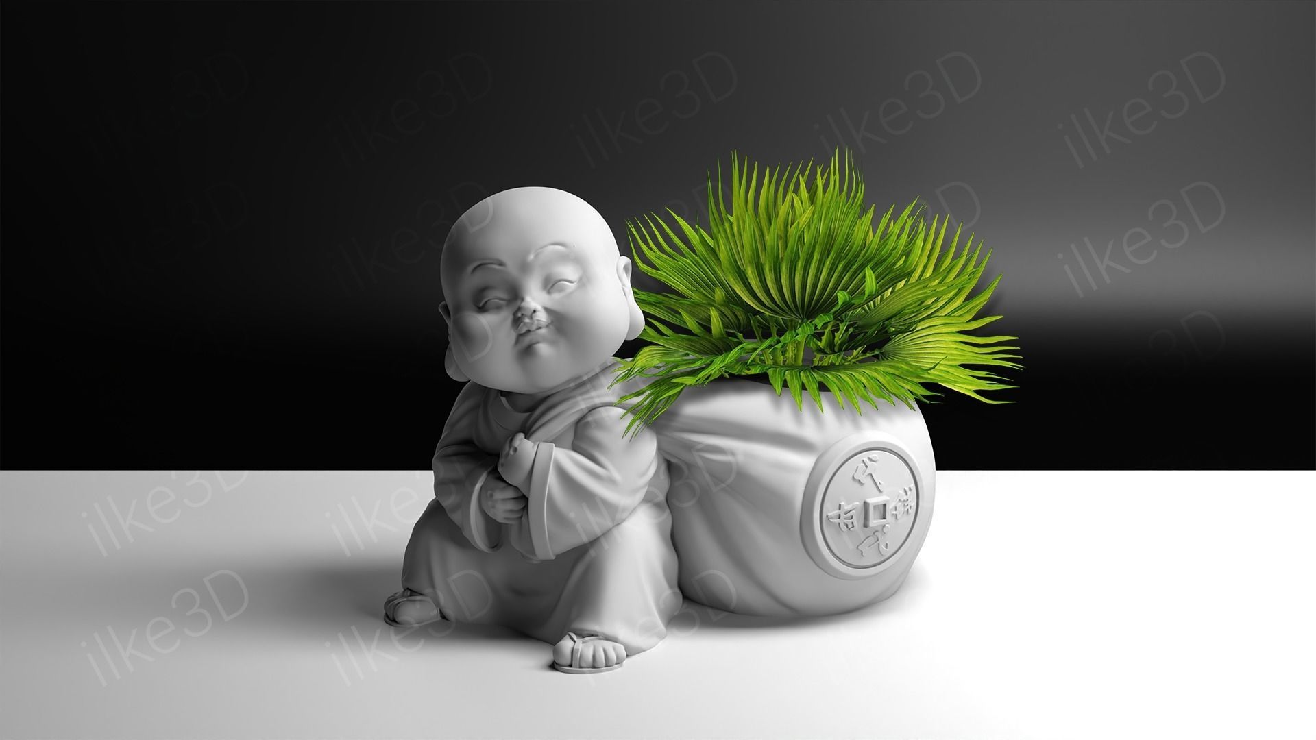 Buddha in pot with plant 3D print model_2