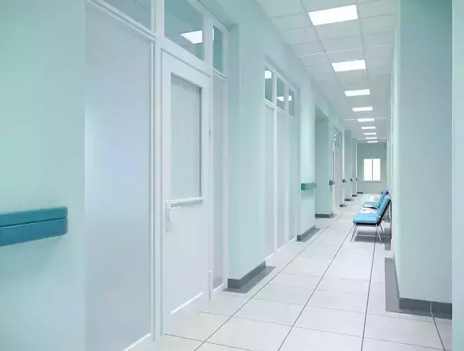 Polyclinic hospital corridor with chairs