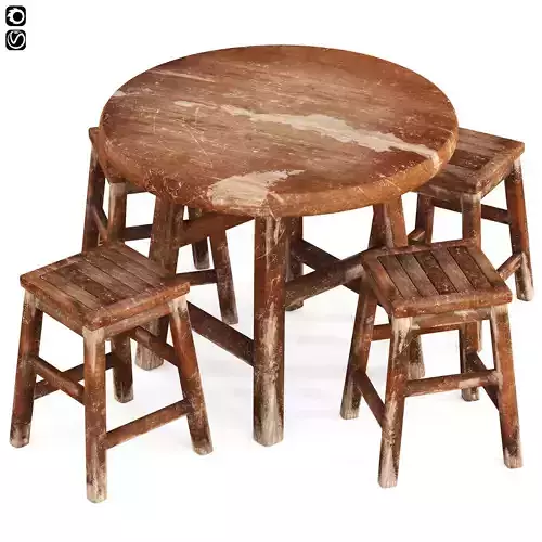 Set Old Wooden Table 3D model