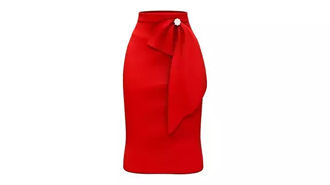 Women Red Below Knee Skirt With Front Bow Embellishment