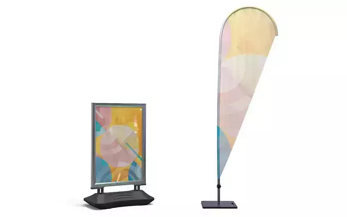 pavement sign and beach flag advertisement