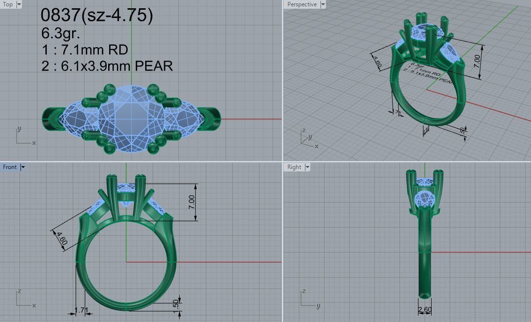 3-Stone Basket Setting Ring 0837 3D print model_4