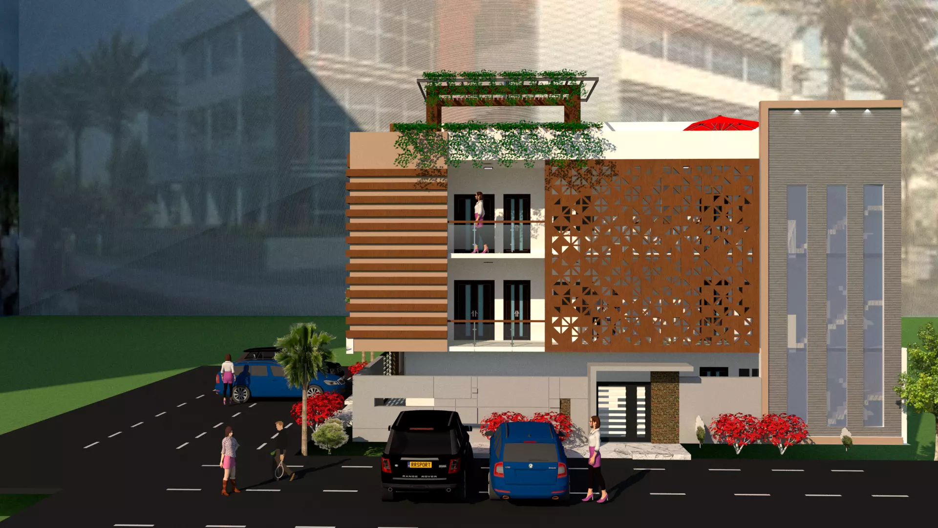 elevation residential building with cars parked Free 3D model