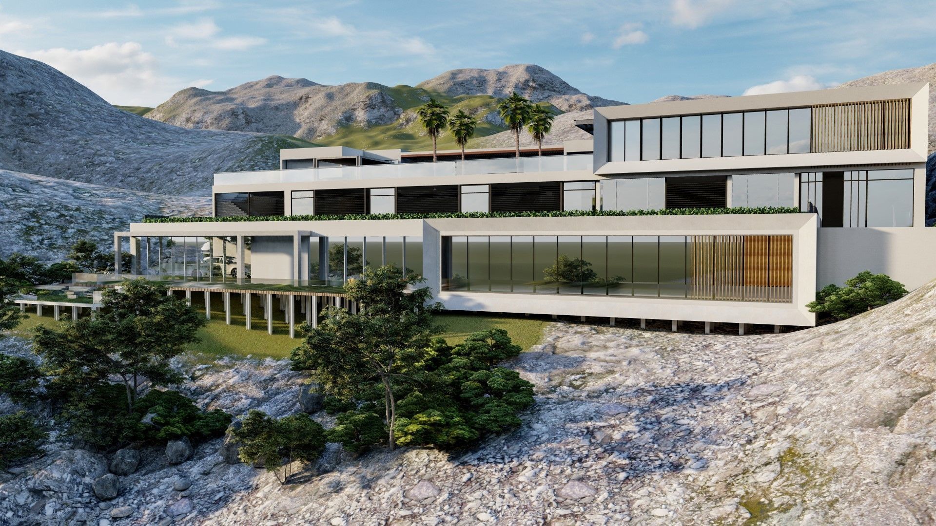 building exterior with garden landscape 3D model_4