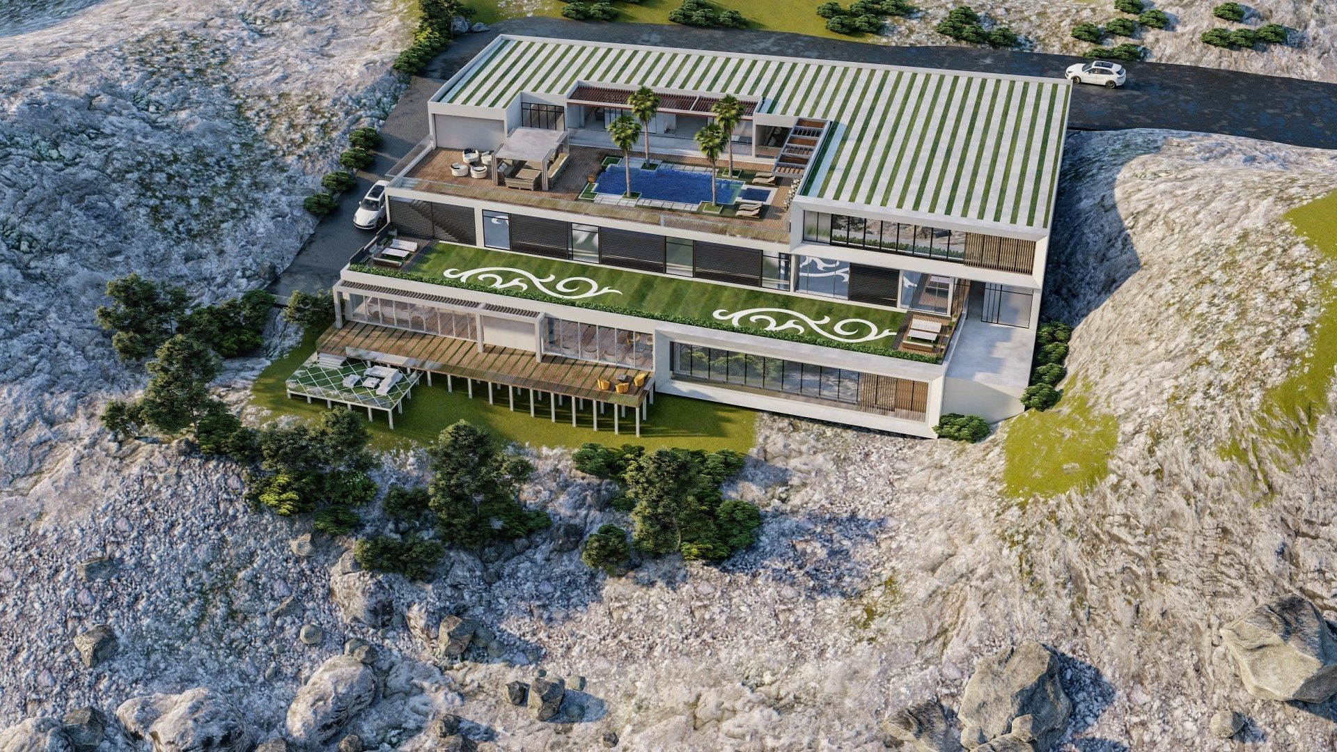 building exterior with garden landscape 3D model_2