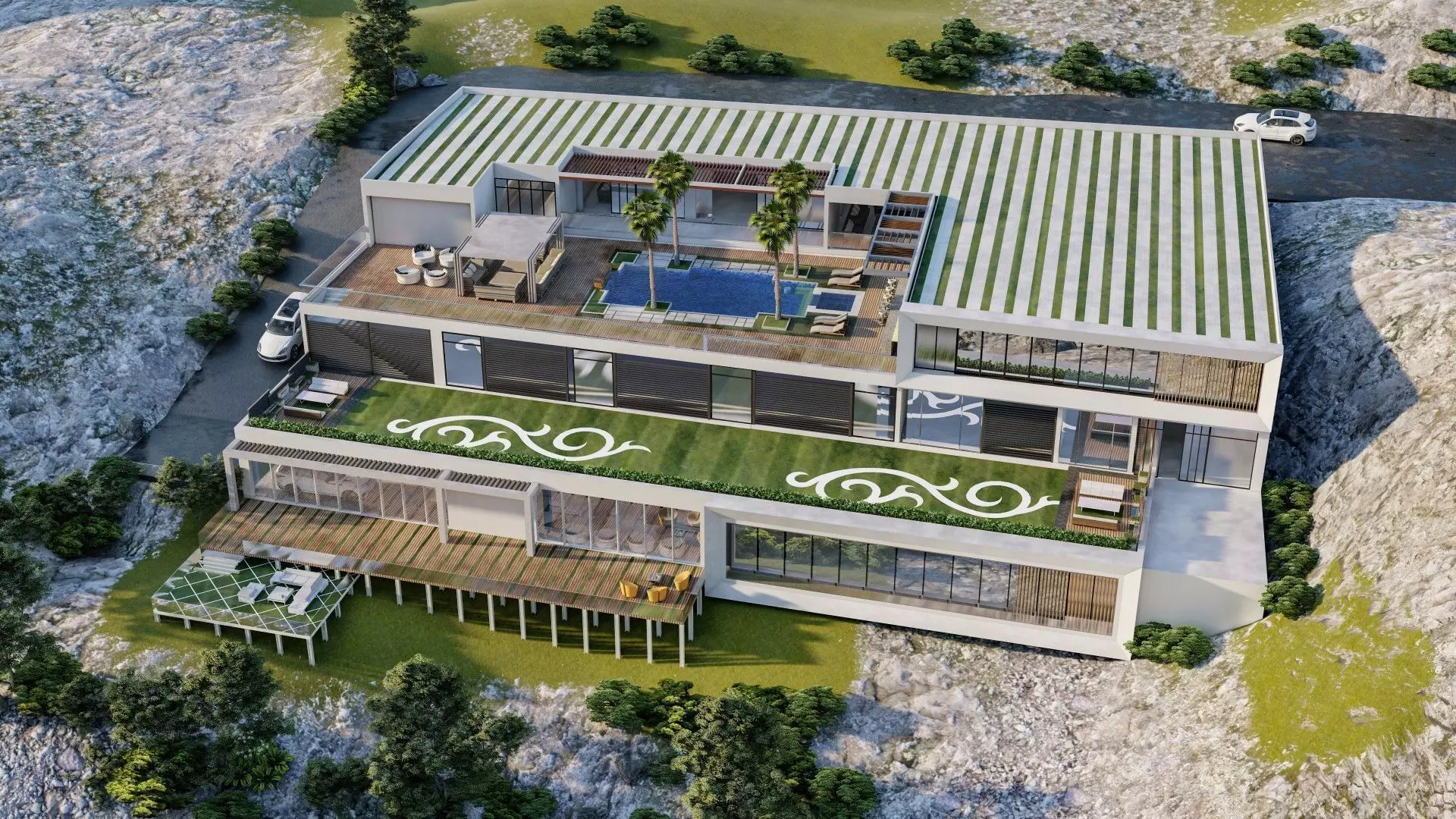 building exterior with garden landscape 3D model_0