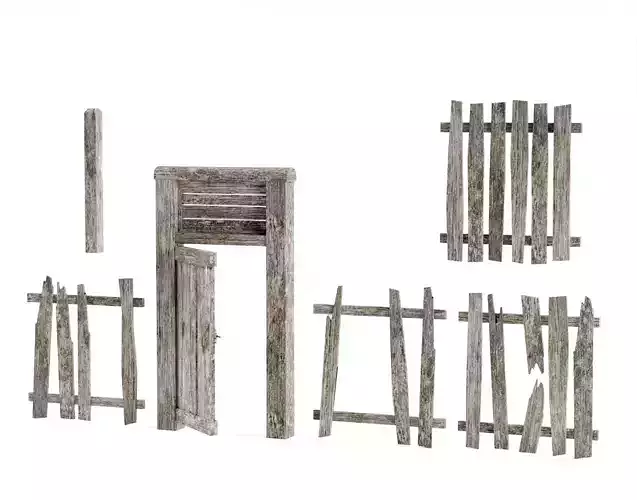 Old damaged raw wooden fence barrier B  da1 Low-poly 3D model