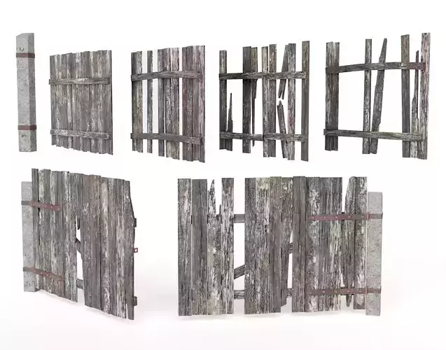 Old damaged raw wooden fence barrier C da1 Low-poly 3D model