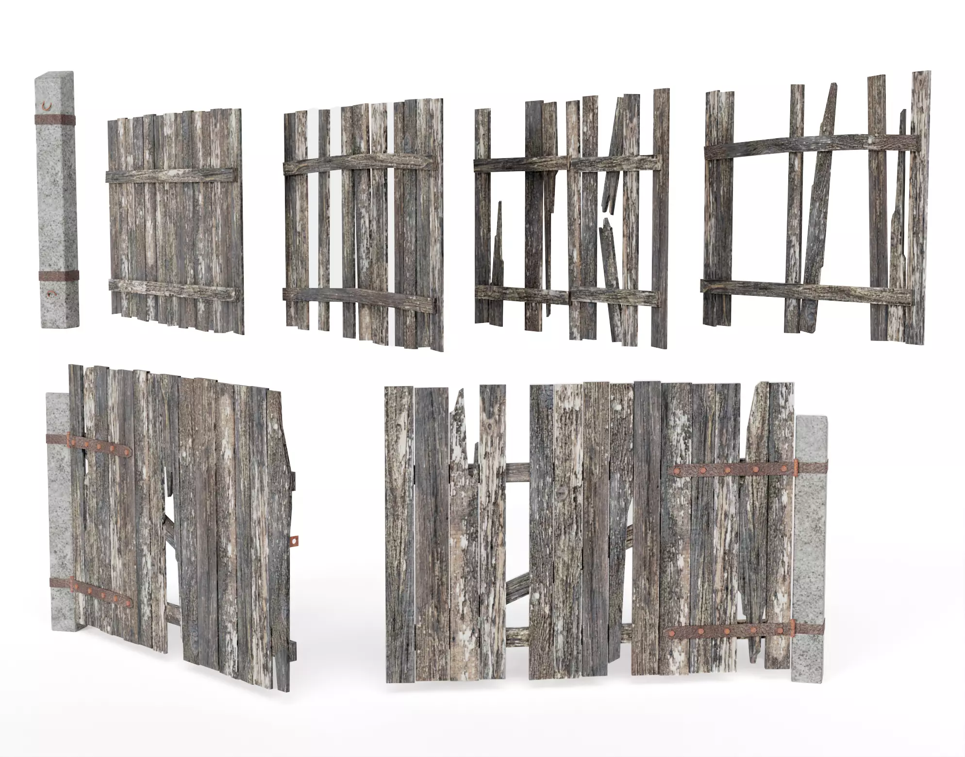 Old damaged raw wooden fence barrier C da1 Low-poly 3D model_0