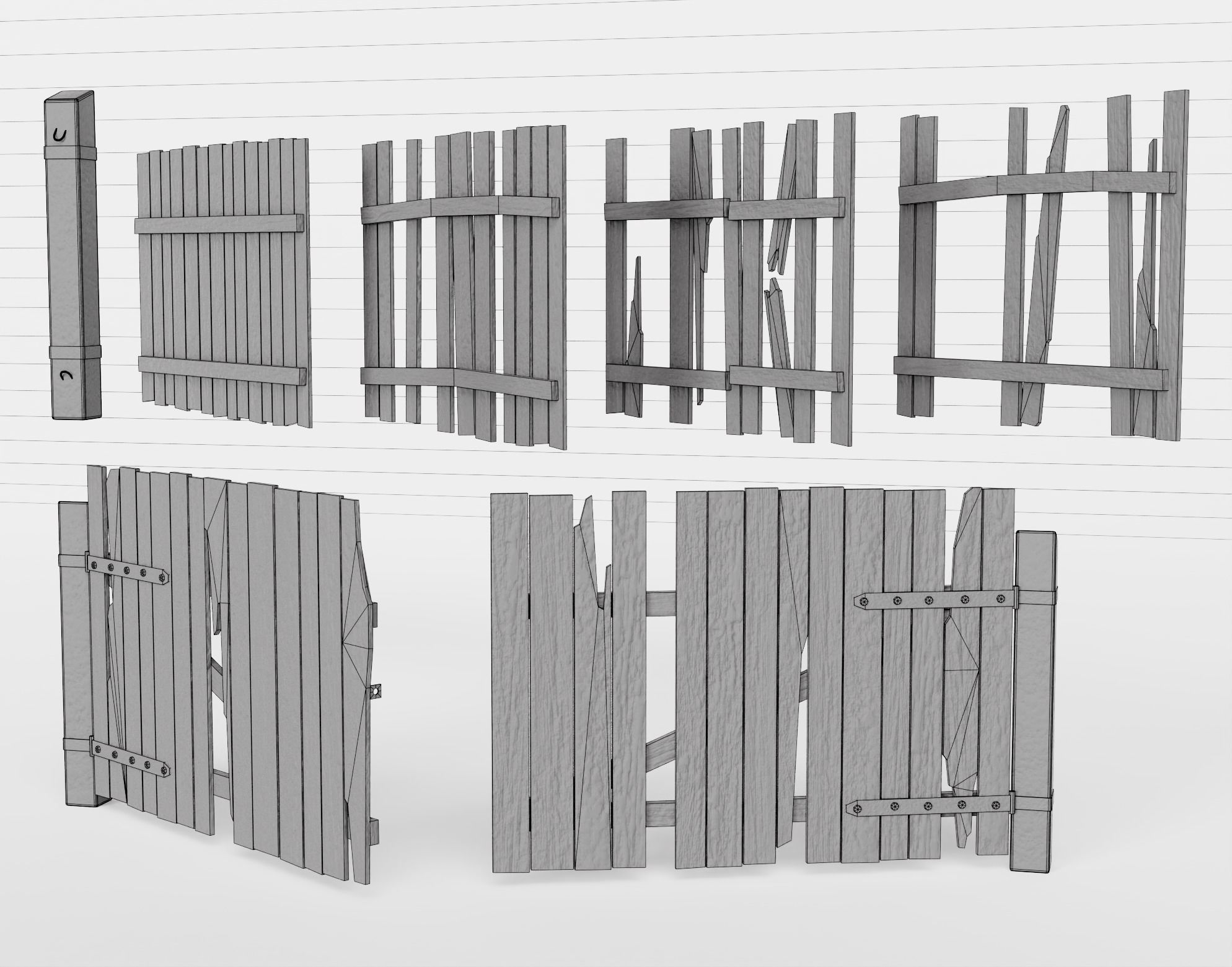 Old damaged raw wooden fence barrier C da1 Low-poly 3D model_15