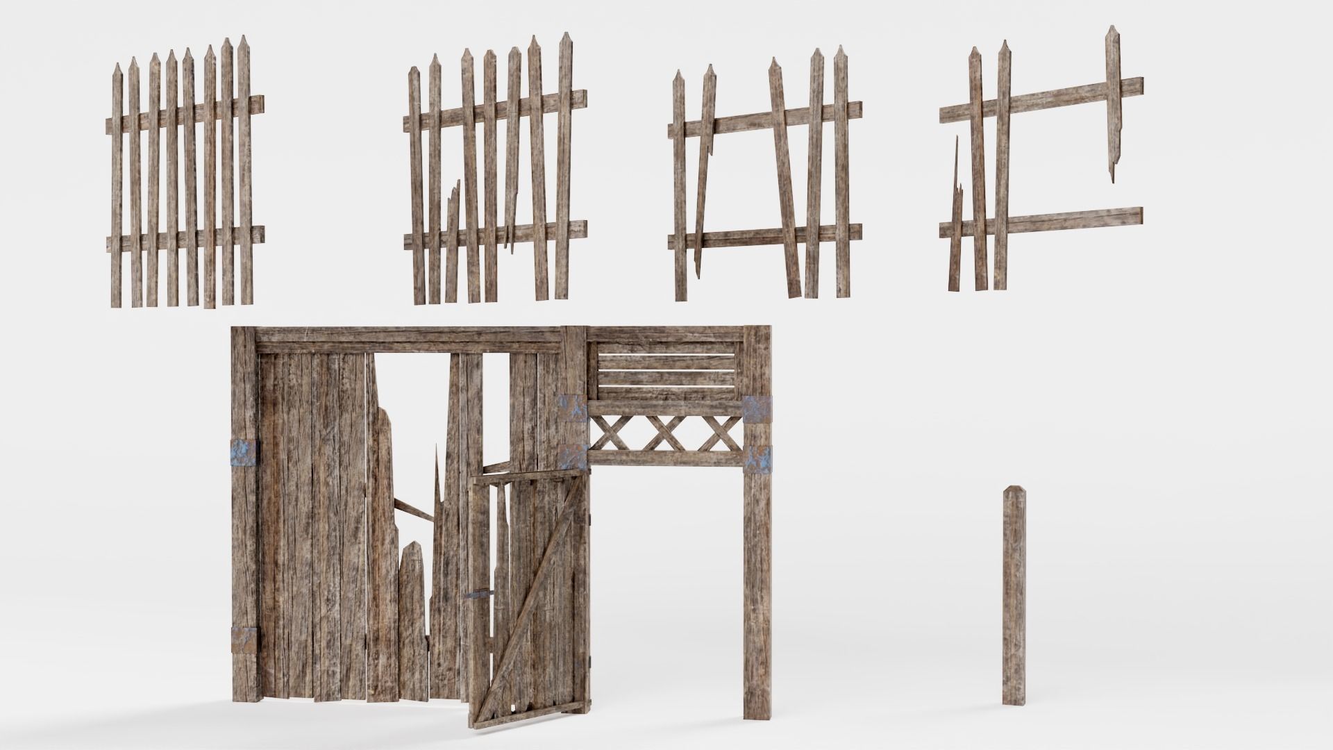 Old damaged raw wooden fence barrier D da1 Low-poly 3D model_1
