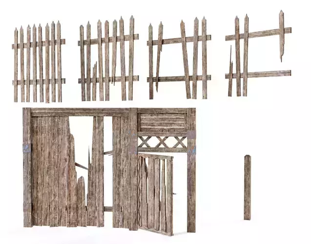 Old damaged raw wooden fence barrier D da1 Low-poly 3D model