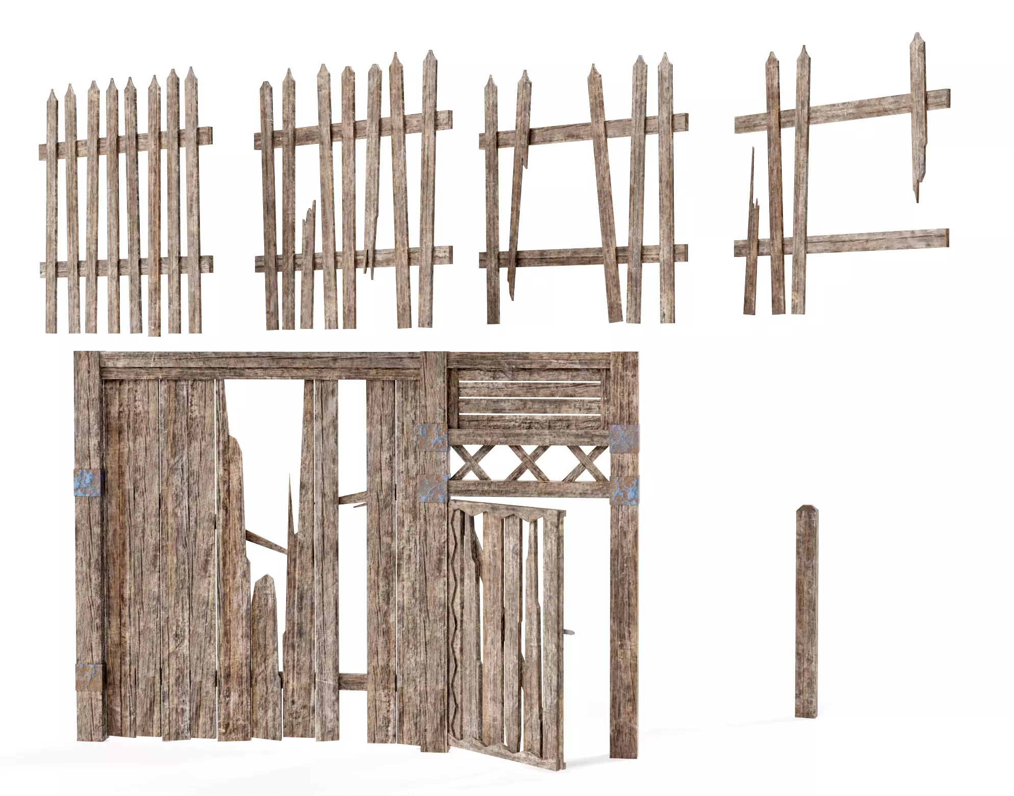 Old damaged raw wooden fence barrier D da1 Low-poly 3D model_0