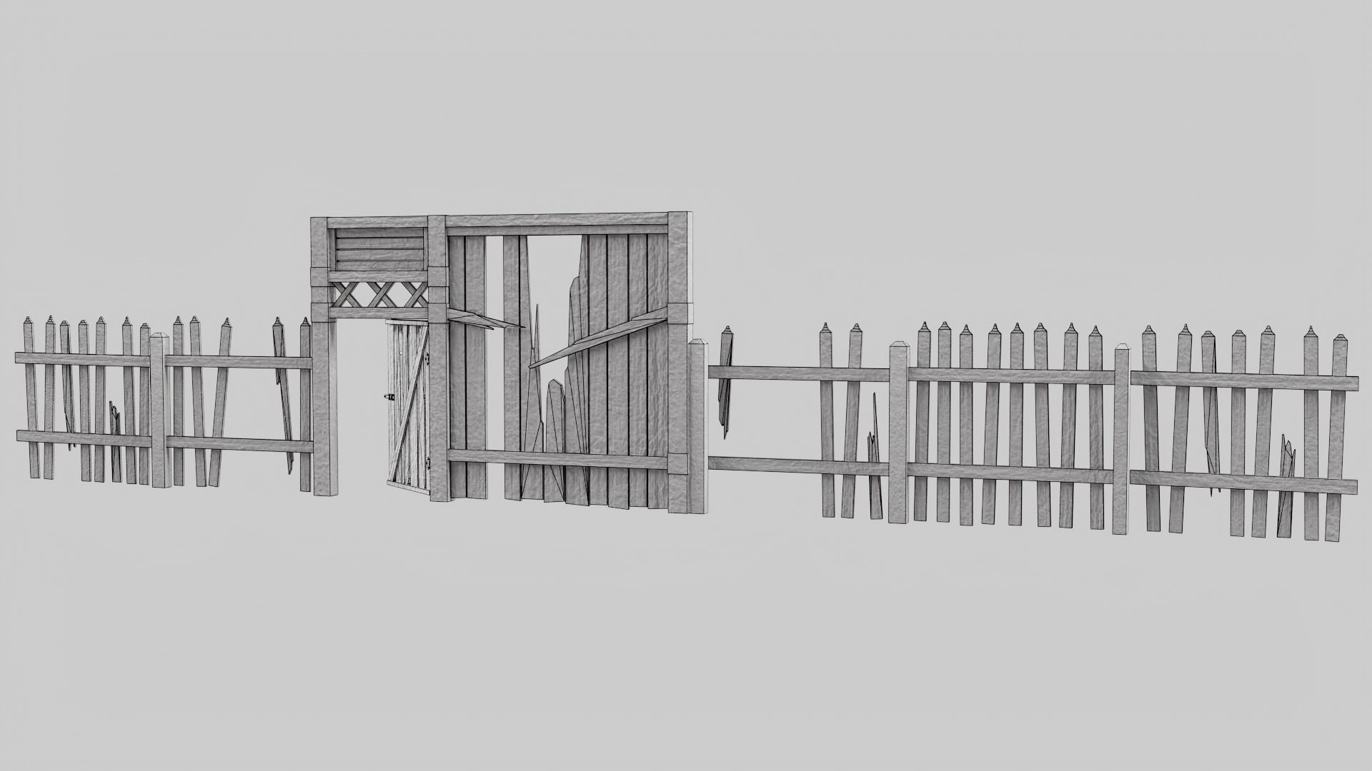 Old damaged raw wooden fence barrier D da1 Low-poly 3D model_13
