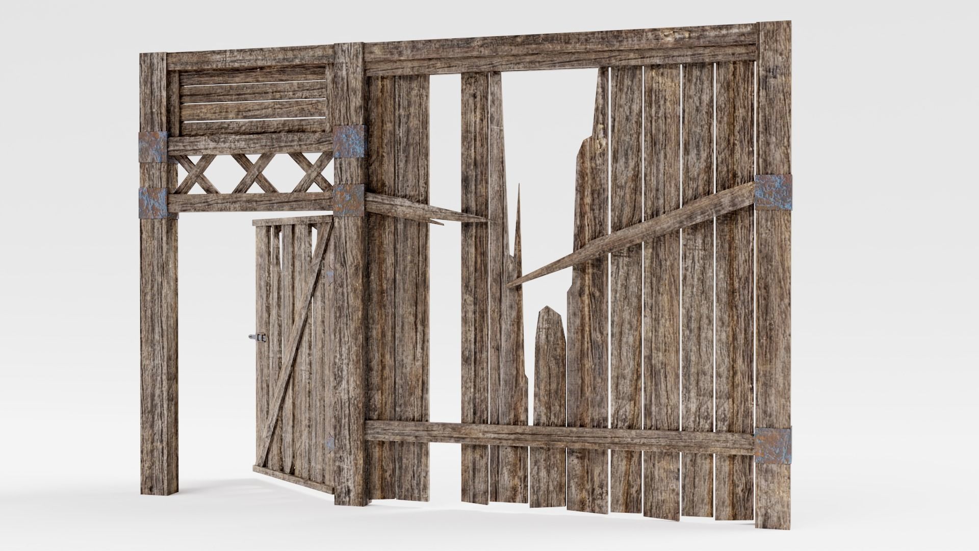 Old damaged raw wooden fence barrier D da1 Low-poly 3D model_7