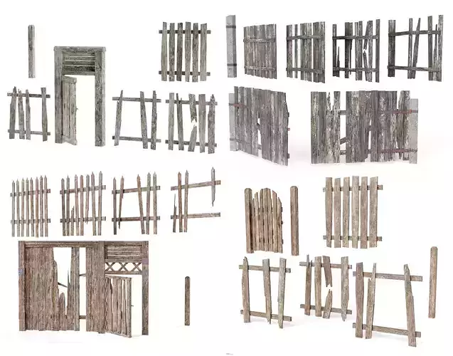 Old damaged raw wooden fence barrier collection da1 