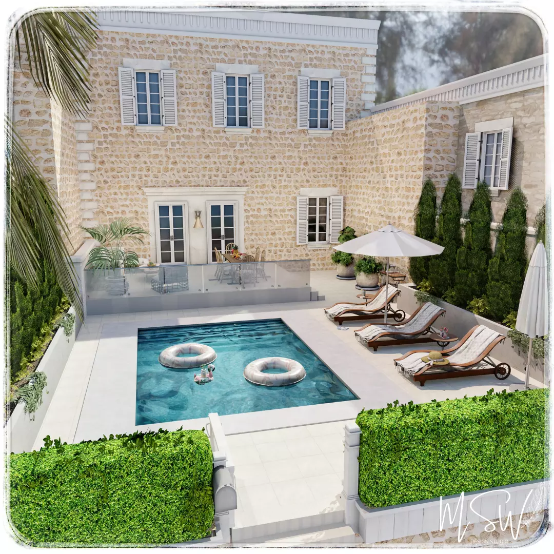 Mediterranean House With Pool Blender Scene 3D model_0