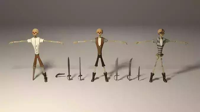 Pirate skeleton enemies with weapons Low-poly 3D model