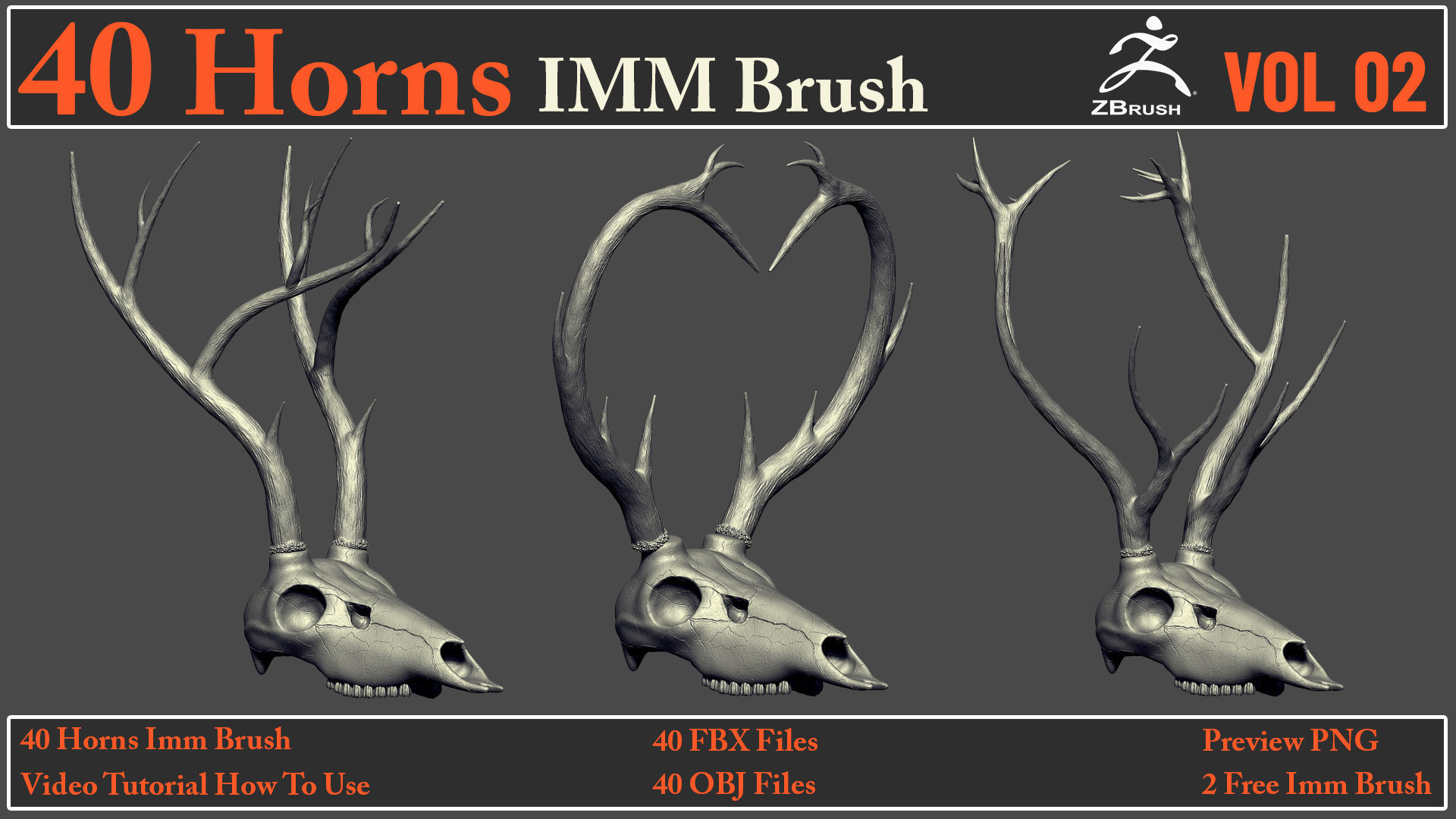 40 Horns IMM Brush VOL 02 - 40 FBX OBJ Files 3D model_13