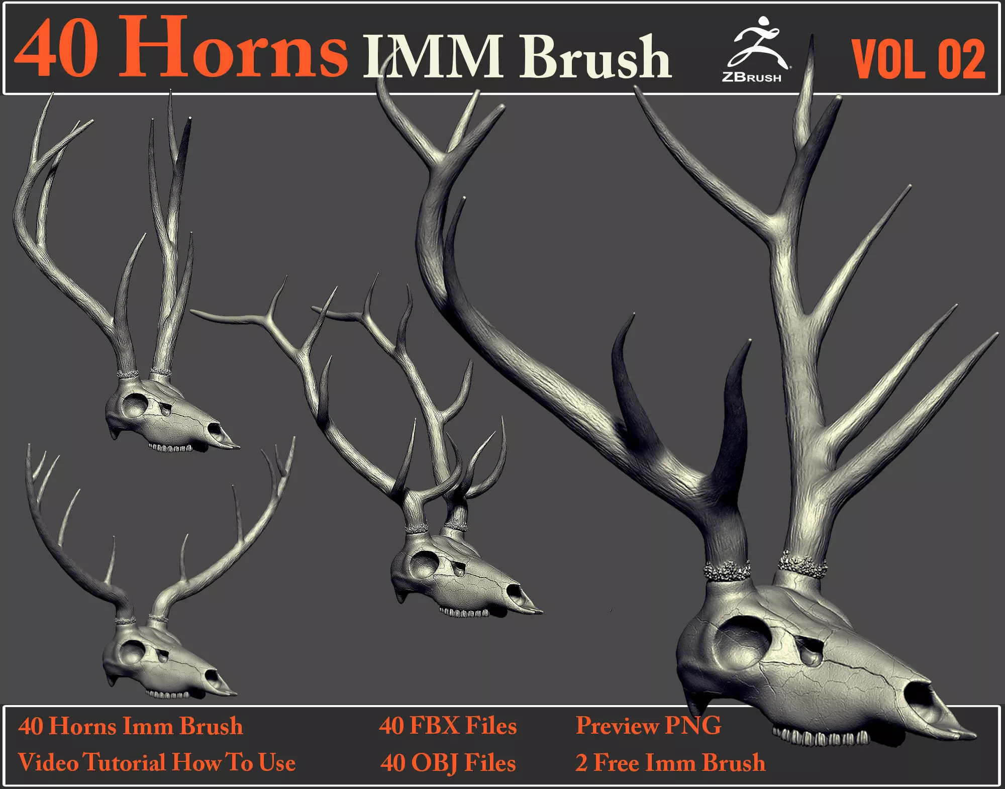 40 Horns IMM Brush VOL 02 - 40 FBX OBJ Files 3D model_0