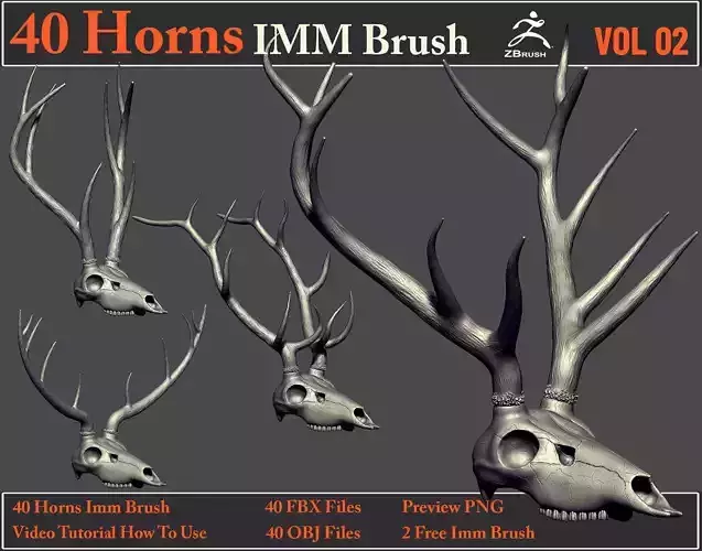 40 Horns IMM Brush VOL 02 - 40 FBX OBJ Files 