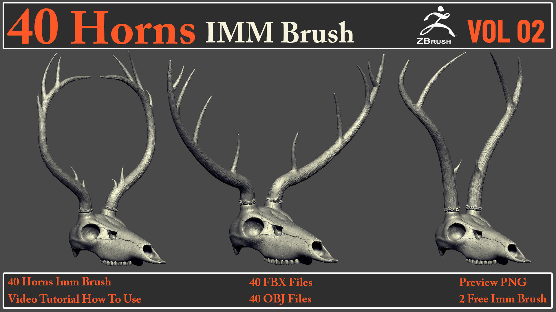40 Horns IMM Brush VOL 02 - 40 FBX OBJ Files 3D model_11