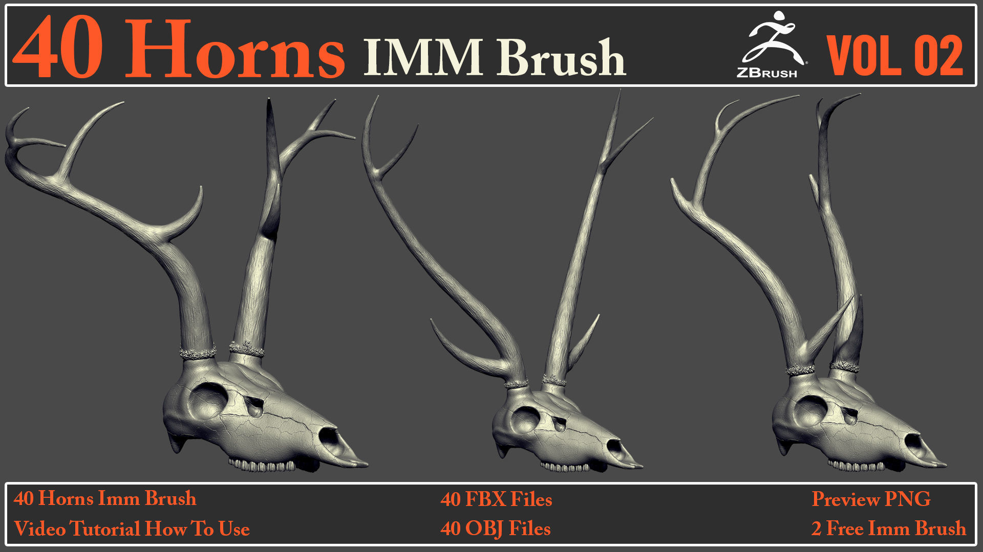 40 Horns IMM Brush VOL 02 - 40 FBX OBJ Files 3D model_7