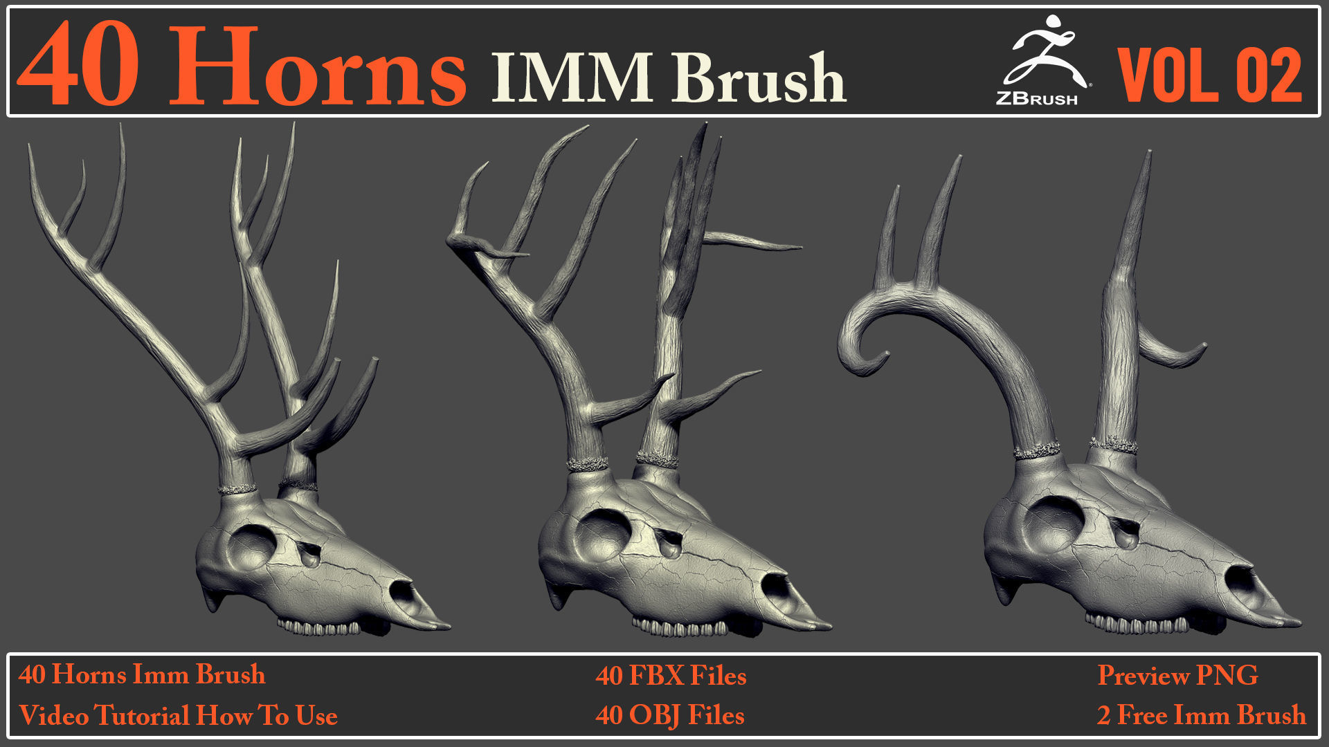 40 Horns IMM Brush VOL 02 - 40 FBX OBJ Files 3D model_2