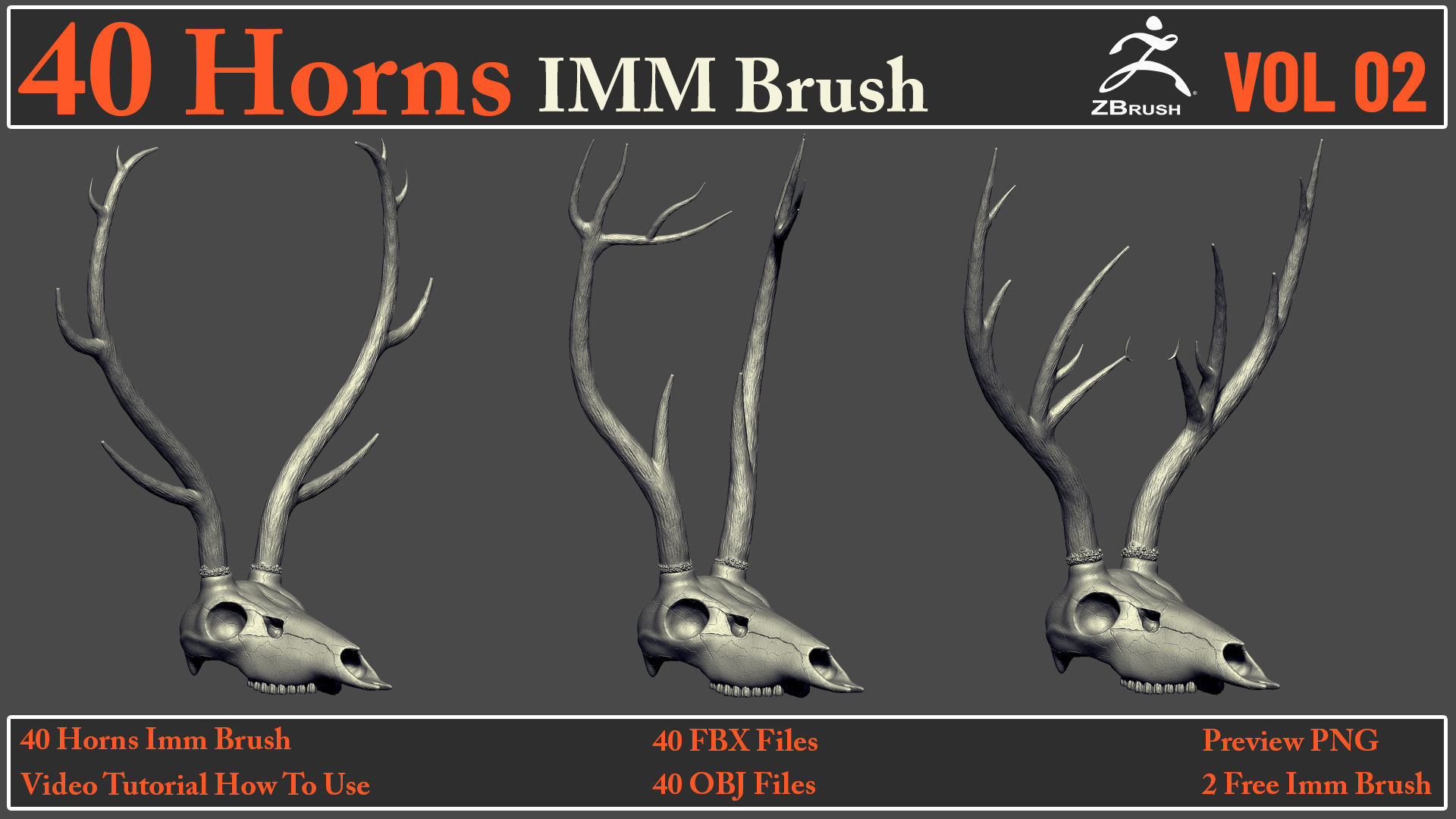 40 Horns IMM Brush VOL 02 - 40 FBX OBJ Files 3D model_12