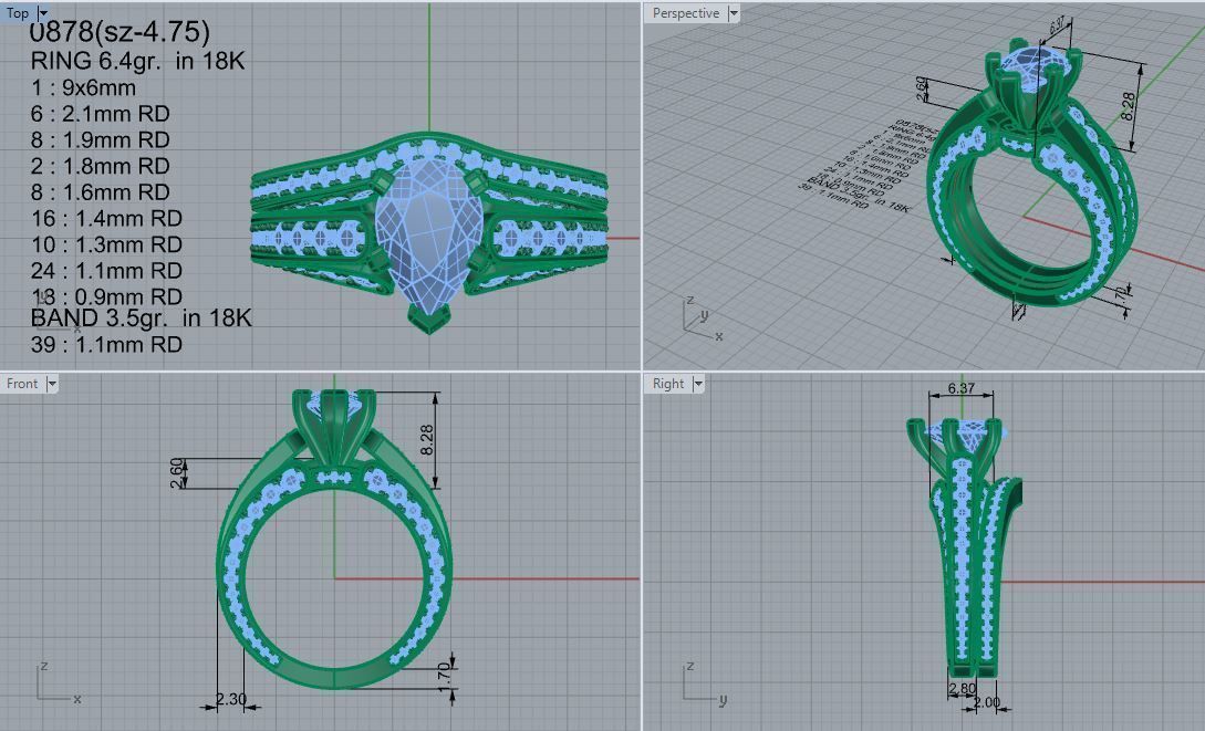 Pear Diamond Wedding Set0878 3D print model_4