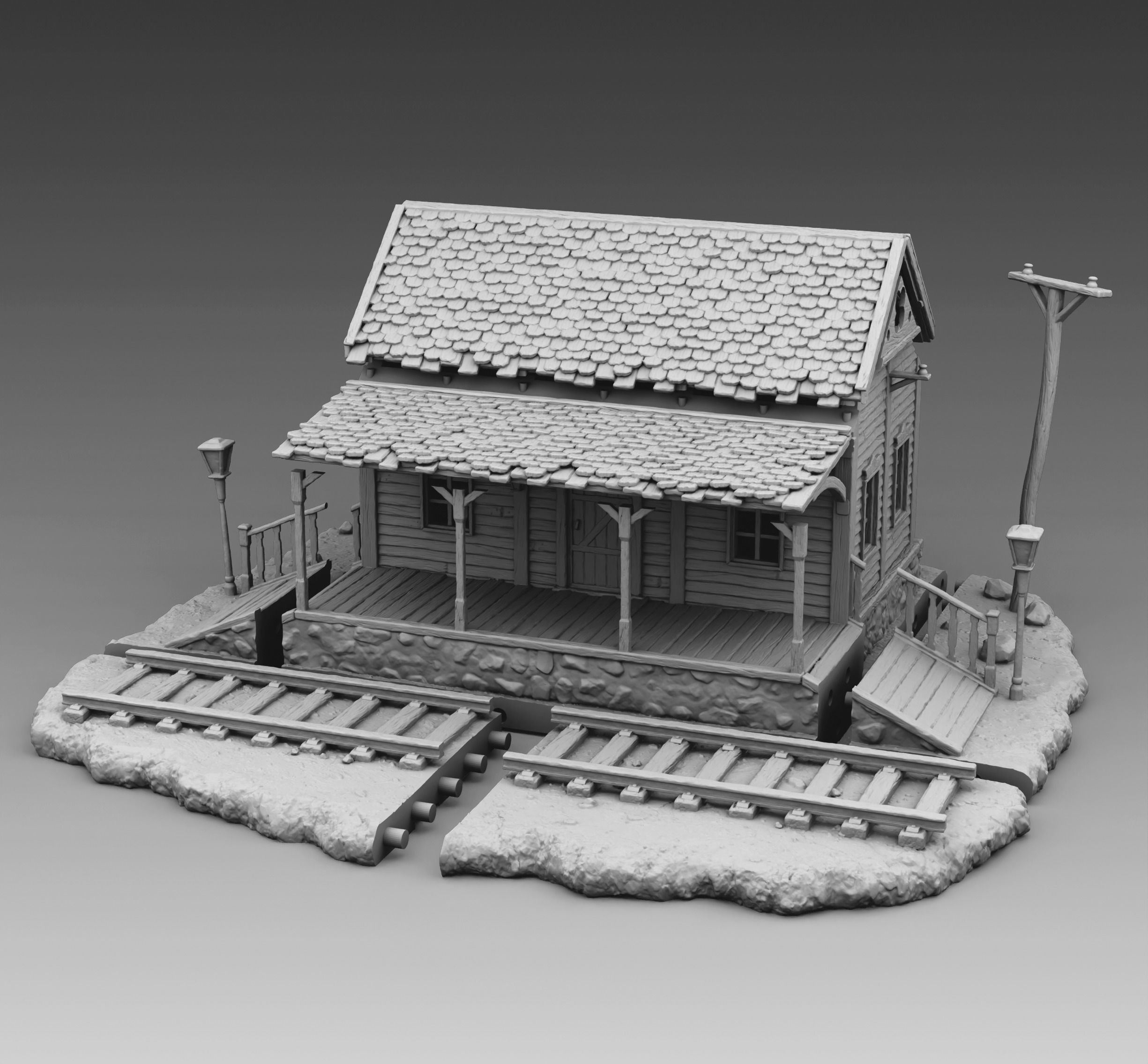 Station train with tracks and house 3D print model_3
