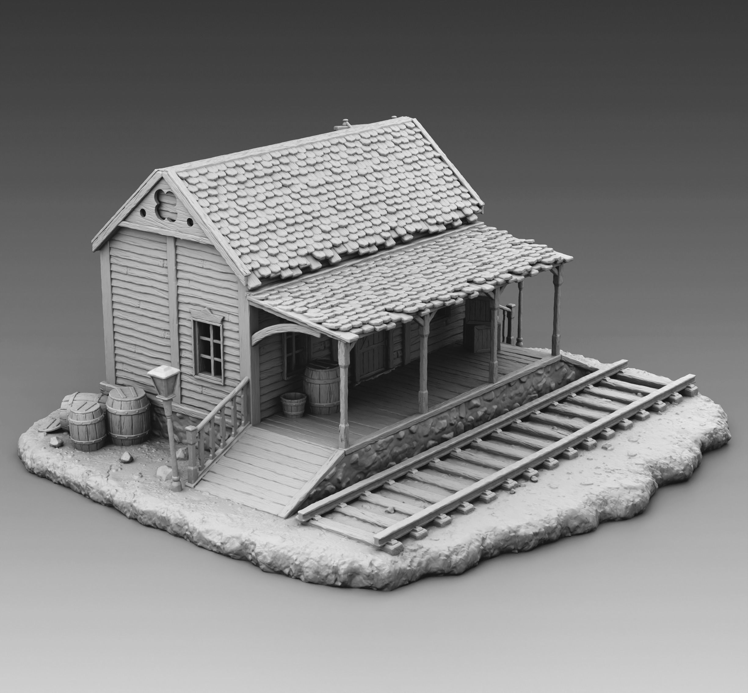 Station train with tracks and house 3D print model_1