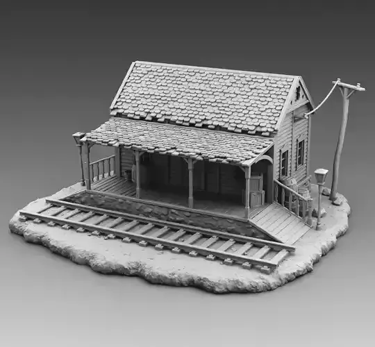 Station train with tracks and house 3D print model