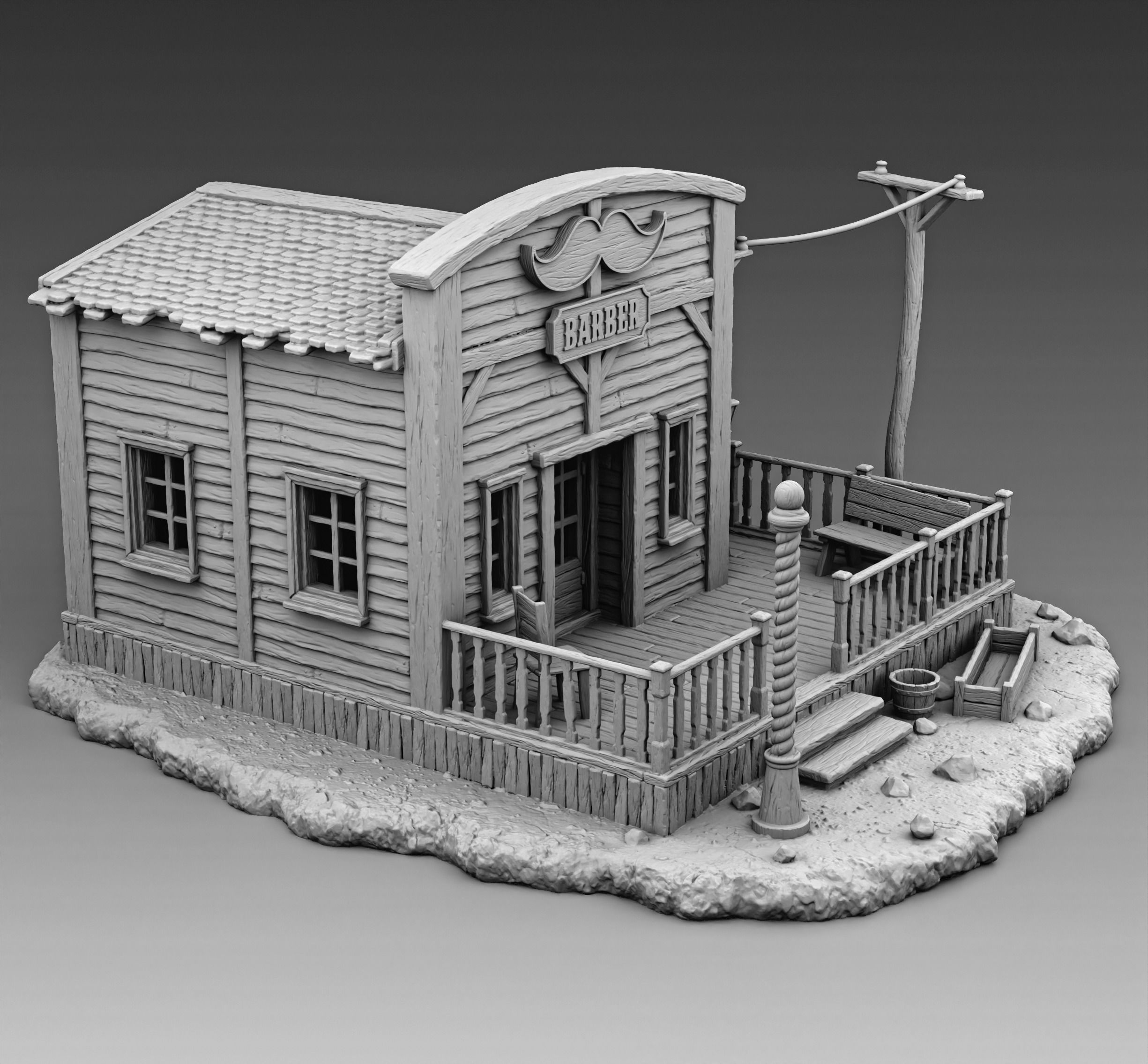 Barber building with porch 3D print model_1