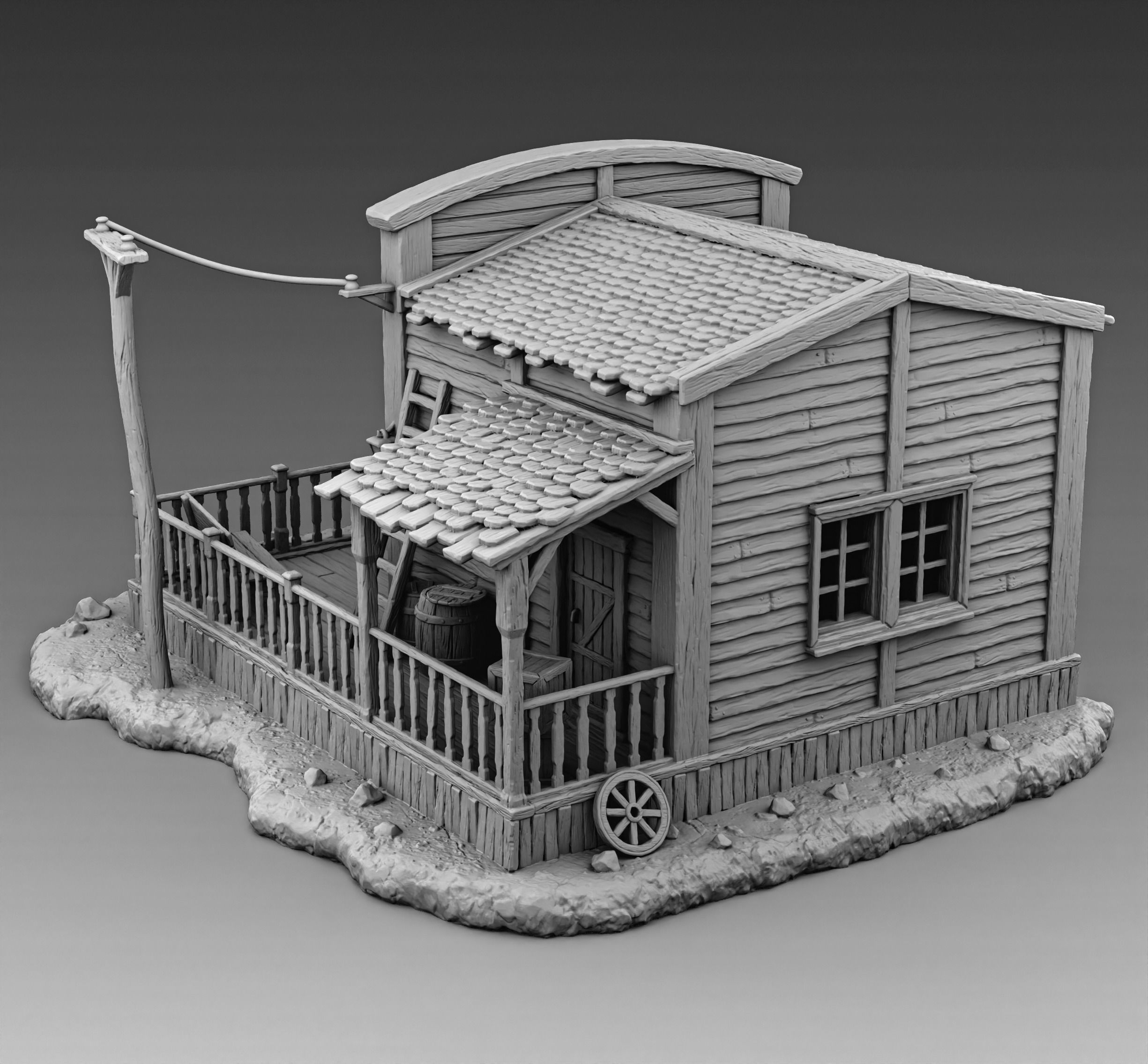 Barber building with porch 3D print model_2
