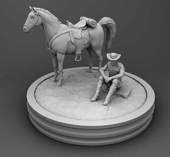 A tired cowboy with a horse 3D print model
