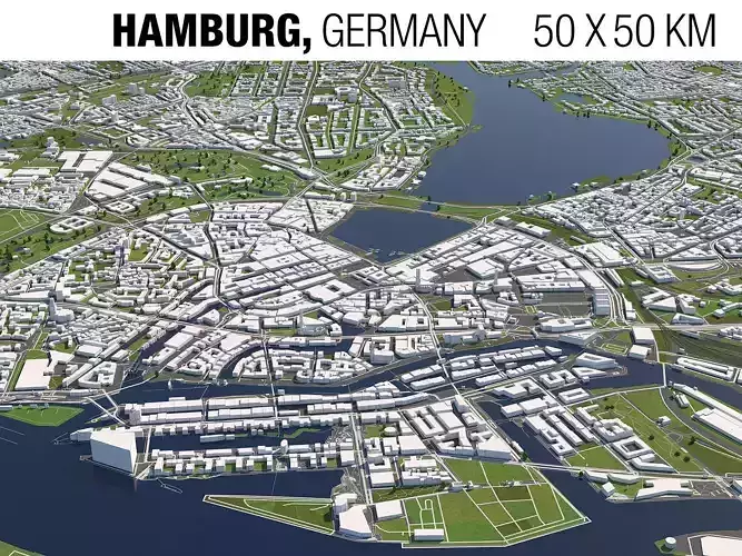 Hamburg Germany 50x50km 3D Model City Map
