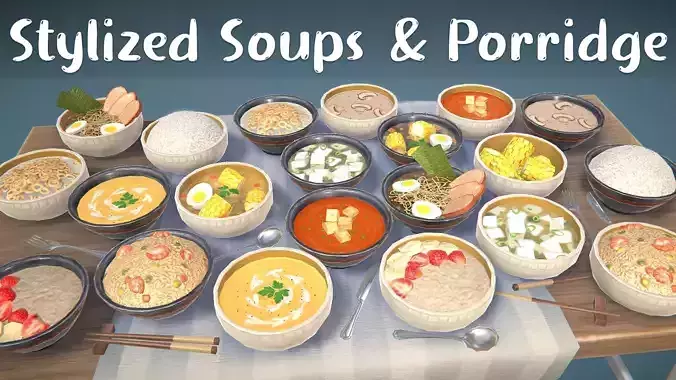 Stylized Soups and Porridge Low-poly 3D model