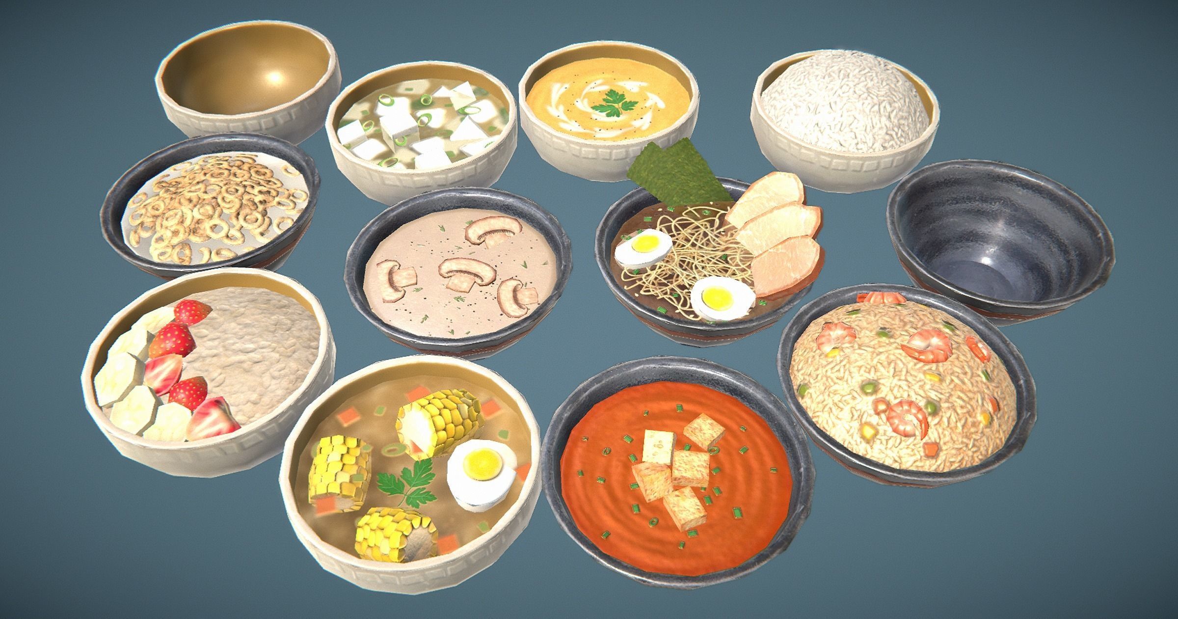 Stylized Soups and Porridge Low-poly 3D model_2