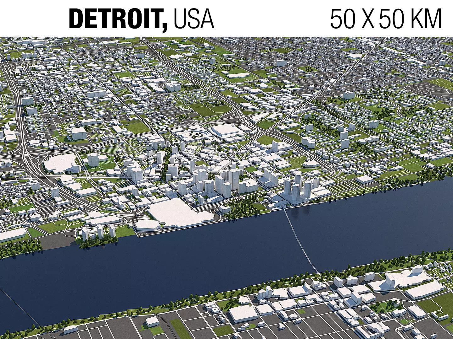Detroit 50x50km 3D City Map Model 3D model_0